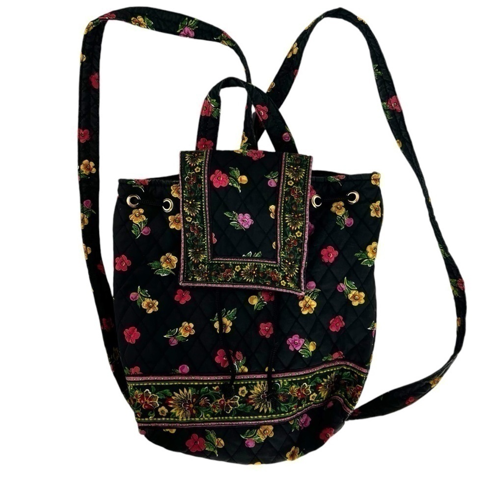 Americana Sharif Quilted Floral Backpack Mini Bag Black Vintage Drawstring